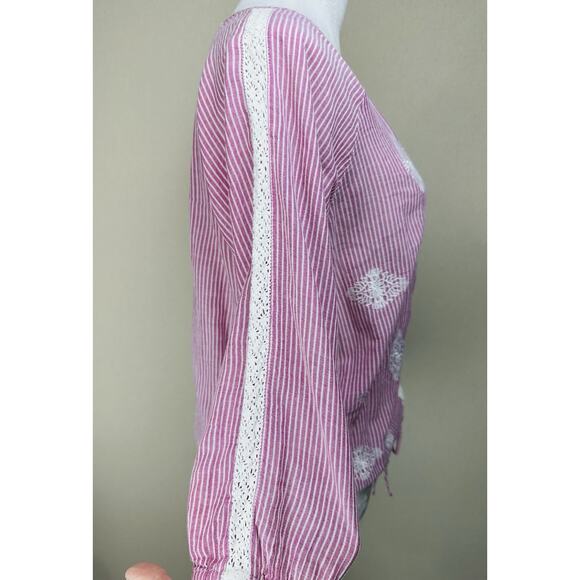 Women’s Pink White Striped Top Embroidered Lace Elastic Waist 3/4 Sleeves - Picture 7 of 13
